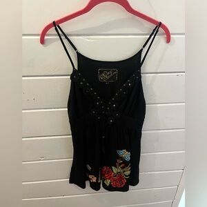 Soul Revival Y2K Rose Butterfly Embroidery Studded Black Top Size Large